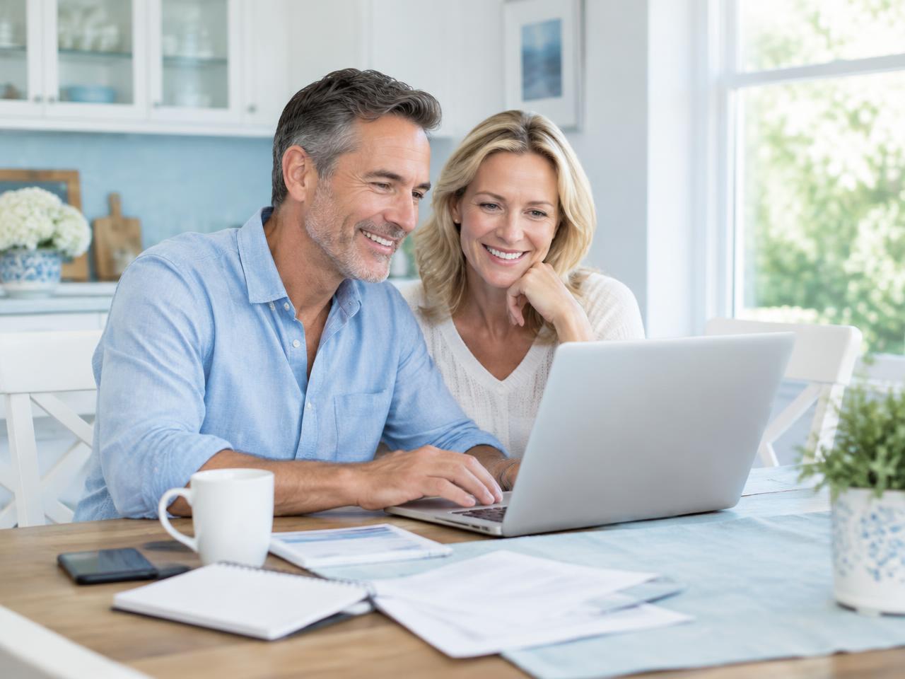 A couple smiling while comparing insurance quotes on a laptop